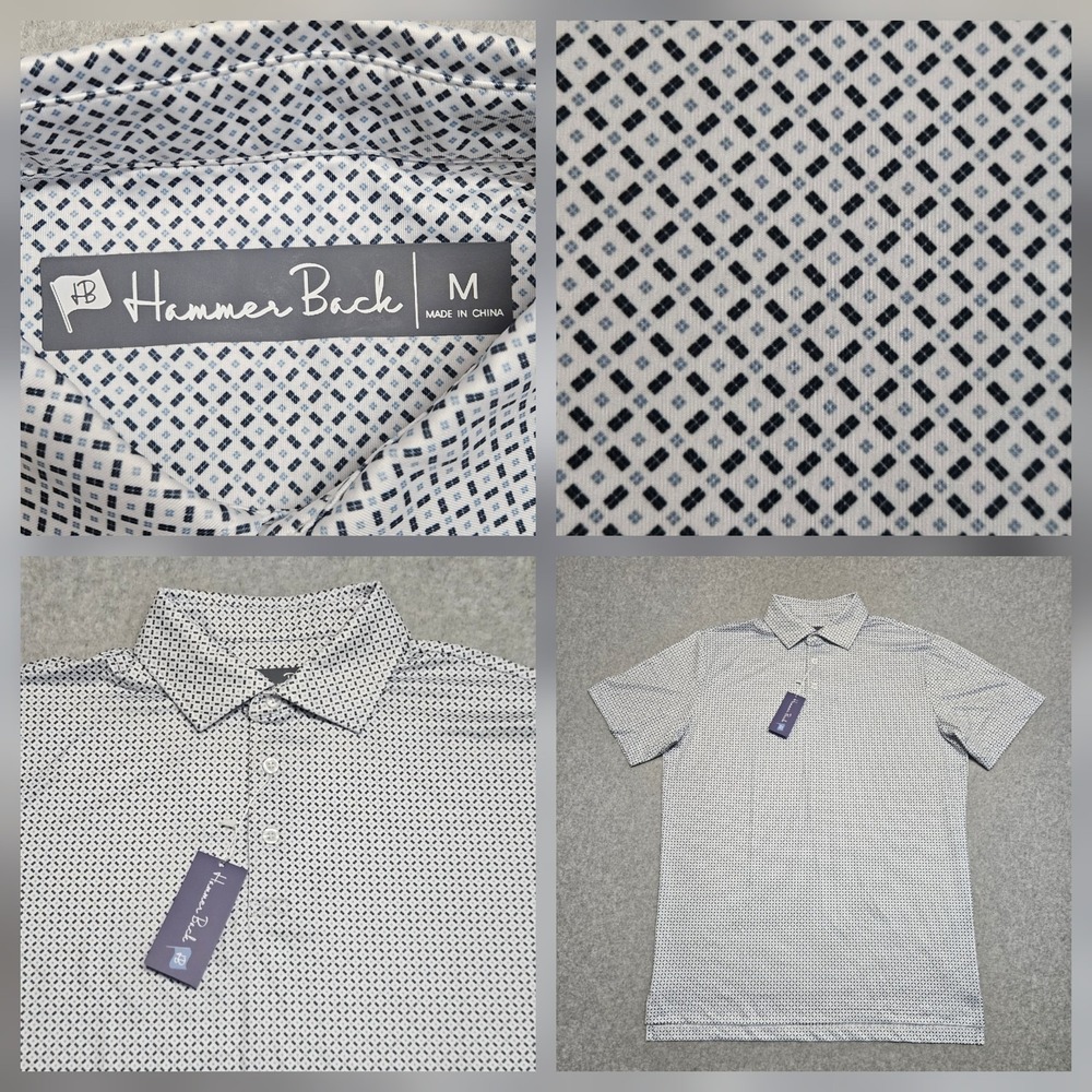 Hammer Back Square Plaid Polo Golf Shirt Geometric Print Mens M NWT